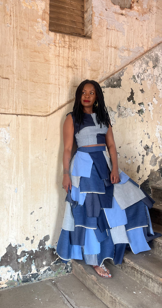 MPUTLE DENIM PATCH MAXI SKIRT